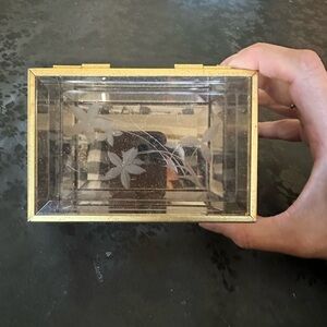 Beveled Etched Glass Jewelry Trinket Box with Gold Frame